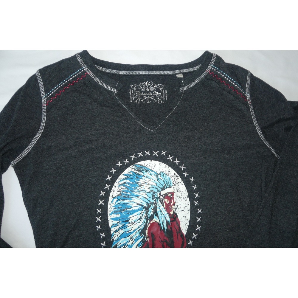 Panhandle Slim Big Chief Leather Goods Fringe Graphic Top Western Gray Womens L - Picture 2 of 8